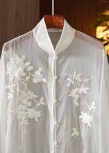 Load image into Gallery viewer, Chinese Style White Embroidered Button Patchwork Tulle Shirt Tops Long Sleeve