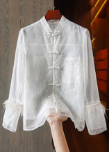 Load image into Gallery viewer, Chinese Style White Feathers Lace Patchwork Shirt Long Sleeve