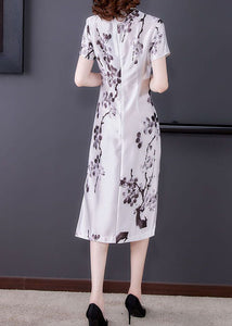 Chinese Style White Patchwork Print Silk Maxi Dresses Summer