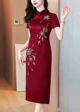 Load image into Gallery viewer, Chinese Style Wine Red Stand Collar Zircon Side Open Silk Dresses Summer