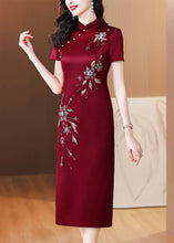 Load image into Gallery viewer, Chinese Style Wine Red Stand Collar Zircon Side Open Silk Dresses Summer