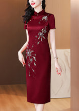 Load image into Gallery viewer, Chinese Style Wine Red Stand Collar Zircon Side Open Silk Dresses Summer