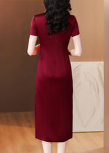 Load image into Gallery viewer, Chinese Style Wine Red Stand Collar Zircon Side Open Silk Dresses Summer