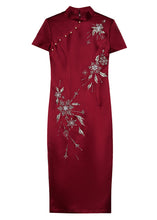 Load image into Gallery viewer, Chinese Style Wine Red Stand Collar Zircon Side Open Silk Dresses Summer