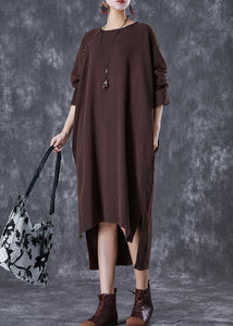 Chocolate Oversized Linen Dresses Low High Design Batwing Sleeve