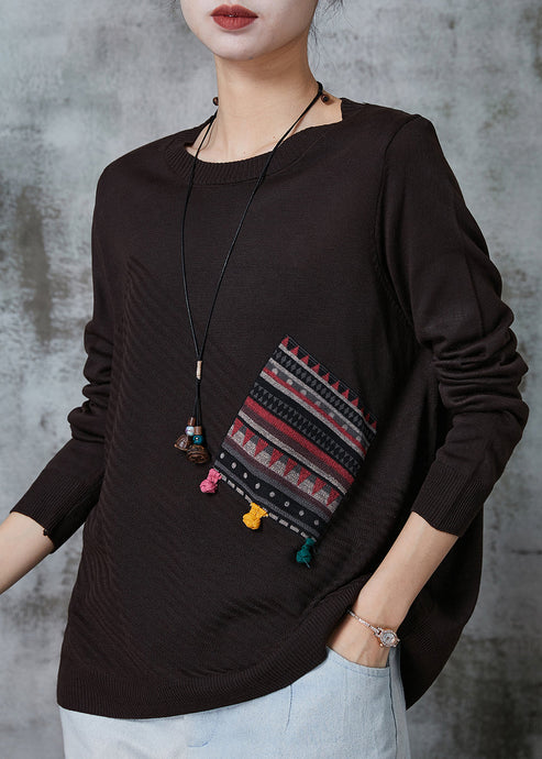 Chocolate Patchwork Knit Loose Sweaters O-Neck Spring