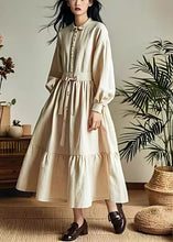 Load image into Gallery viewer, Classy Beige Lace Up Button Wrinkled Cotton Dresses Long Sleeve