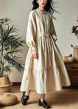 Load image into Gallery viewer, Classy Beige Lace Up Button Wrinkled Cotton Dresses Long Sleeve