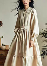 Load image into Gallery viewer, Classy Beige Lace Up Button Wrinkled Cotton Dresses Long Sleeve