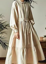 Load image into Gallery viewer, Classy Beige Lace Up Button Wrinkled Cotton Dresses Long Sleeve