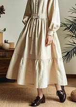 Load image into Gallery viewer, Classy Beige Lace Up Button Wrinkled Cotton Dresses Long Sleeve