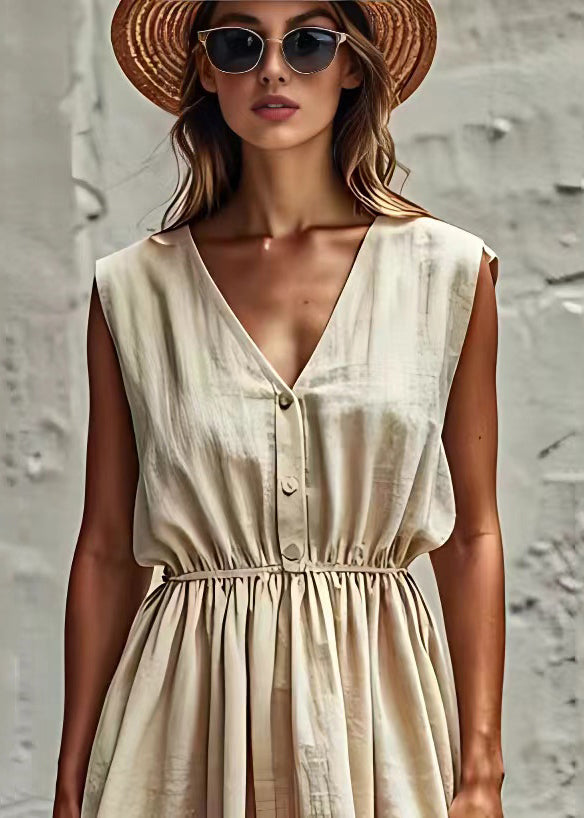 Classy Beige V Neck Wrinkled Linen Dresses Sleeveless