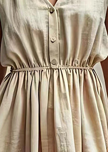 Classy Beige V Neck Wrinkled Linen Dresses Sleeveless