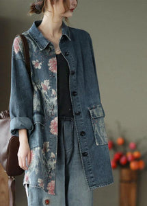 Classy Big Flower Print Patchwork Blouse Tops Denim Jacket