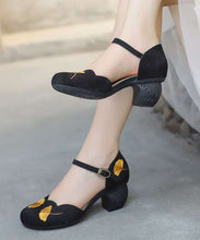 Load image into Gallery viewer, Classy Black Chunky Cowhide Leather Embossed Buckle Strap High Heels