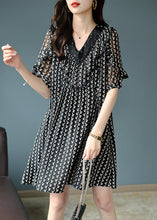 Load image into Gallery viewer, Classy Black V Neck Lace Patchwork Print Chiffon Mid Dress Short Sleeve