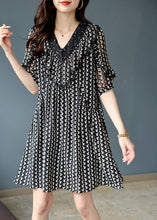 Load image into Gallery viewer, Classy Black V Neck Lace Patchwork Print Chiffon Mid Dress Short Sleeve