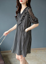 Load image into Gallery viewer, Classy Black V Neck Lace Patchwork Print Chiffon Mid Dress Short Sleeve