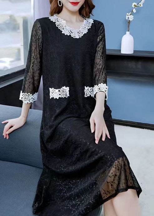 Classy Black V Neck Patchwork Lace Long Dresses Summer