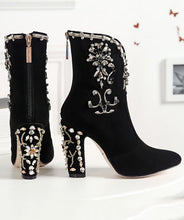 Load image into Gallery viewer, Classy Black Zircon Zippered Suede High Heel Boots