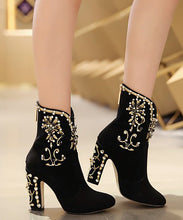 Load image into Gallery viewer, Classy Black Zircon Zippered Suede High Heel Boots