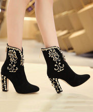 Load image into Gallery viewer, Classy Black Zircon Zippered Suede High Heel Boots