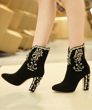 Load image into Gallery viewer, Classy Black Zircon Zippered Suede High Heel Boots