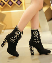 Load image into Gallery viewer, Classy Black Zircon Zippered Suede High Heel Boots