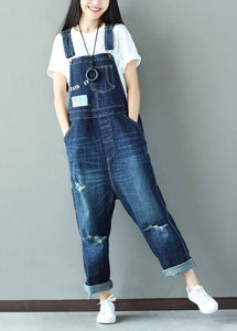 Classy Blue Applique Cotton Denim Jumpsuit Ripped Jeans Spring