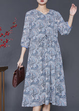 Load image into Gallery viewer, Classy Blue Grey Cinched Print Chiffon Dress Bracelet Sleeve