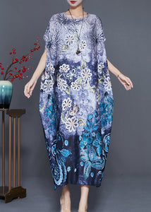 Classy Blue Oversized Print Silk Maxi Dress Batwing Sleeve