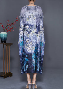 Classy Blue Oversized Print Silk Maxi Dress Batwing Sleeve