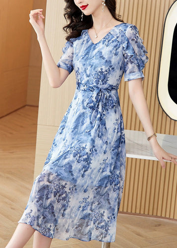 Classy Blue Ruffled Print Tie Waist Chiffon Dresses Summer