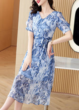 Load image into Gallery viewer, Classy Blue Ruffled Print Tie Waist Chiffon Dresses Summer