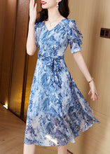 Load image into Gallery viewer, Classy Blue Ruffled Print Tie Waist Chiffon Dresses Summer