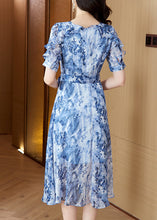 Load image into Gallery viewer, Classy Blue Ruffled Print Tie Waist Chiffon Dresses Summer