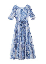 Load image into Gallery viewer, Classy Blue Ruffled Print Tie Waist Chiffon Dresses Summer