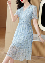 Load image into Gallery viewer, Classy Blue V Neck Print Wrinkled Chiffon Dress Summer