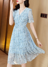 Load image into Gallery viewer, Classy Blue V Neck Print Wrinkled Chiffon Dress Summer