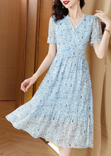 Load image into Gallery viewer, Classy Blue V Neck Print Wrinkled Chiffon Dress Summer