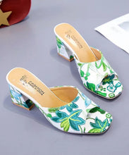 Load image into Gallery viewer, Classy Green Chunky Heel Embroidery Slide Sandals Peep Toe