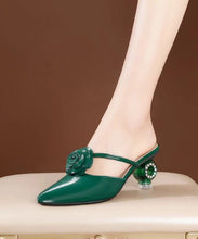 Load image into Gallery viewer, Classy Green Floral Crystal Chunky Slide Sandals Pointed Toe