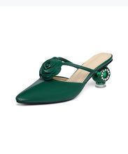 Load image into Gallery viewer, Classy Green Floral Crystal Chunky Slide Sandals Pointed Toe