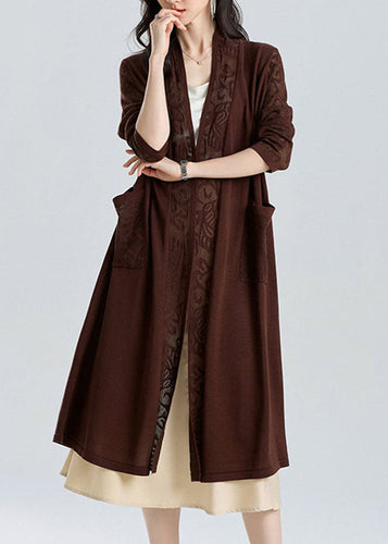 Classy Mocha V Neck Patchwork Hollow Out Long Ice Size Knit Cardigan Sum