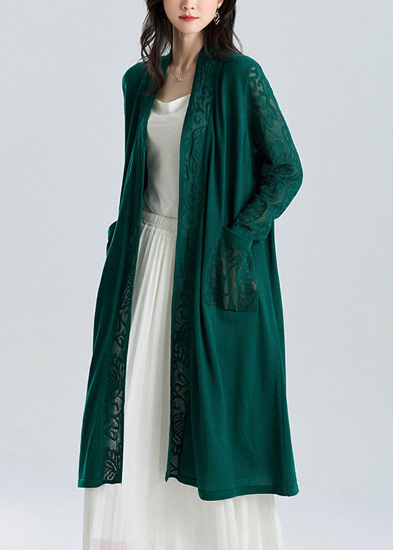 Classy Blackish Green V Neck Patchwork Hollow Out Long Ice Size Knit Cardigan Sum