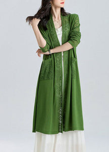 Classy Green V Neck Patchwork Hollow Out Long Ice Size Knit Cardigan Sum