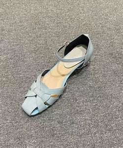 Classy Hollow Out Buckle Strap Flat Sandals Light Blue