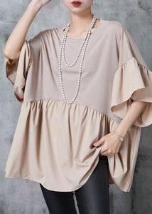 Classy Khaki Oversized Patchwork Chiffon Top Puff Sleeve