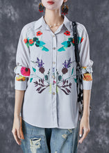 Load image into Gallery viewer, Classy Light Grey Peter Pan Collar Print Cotton Shirt Top Fall