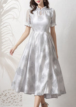 Load image into Gallery viewer, Classy Light Grey Ruffled Print Patchwork Silk Dress Summer